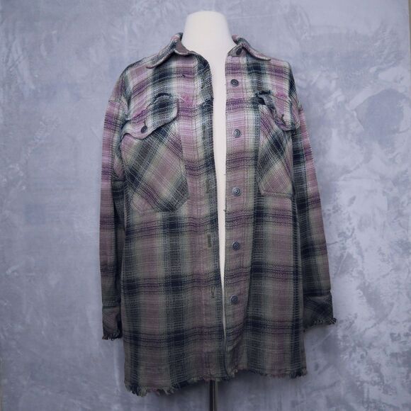 FREE PEOPLE Anneli Plaid Shirt Jacket Size M Waffle Fringe Hem Oversized Boho - Picture 5 of 11